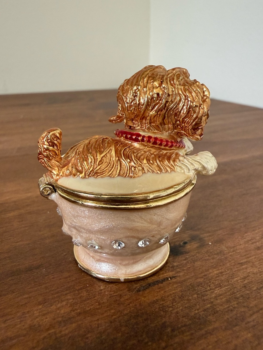 Gold and Cream Puppy on a Teacup Jewelry Trinket Box with Rhinestones Accents - Picture 4 of 12